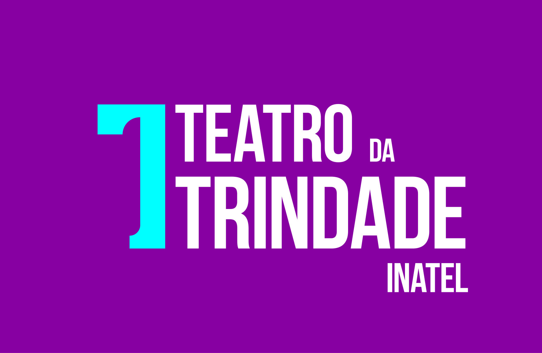 Identidade visual do Teatro da Trindade sobre fundo roxo, com símbolo turquesa.