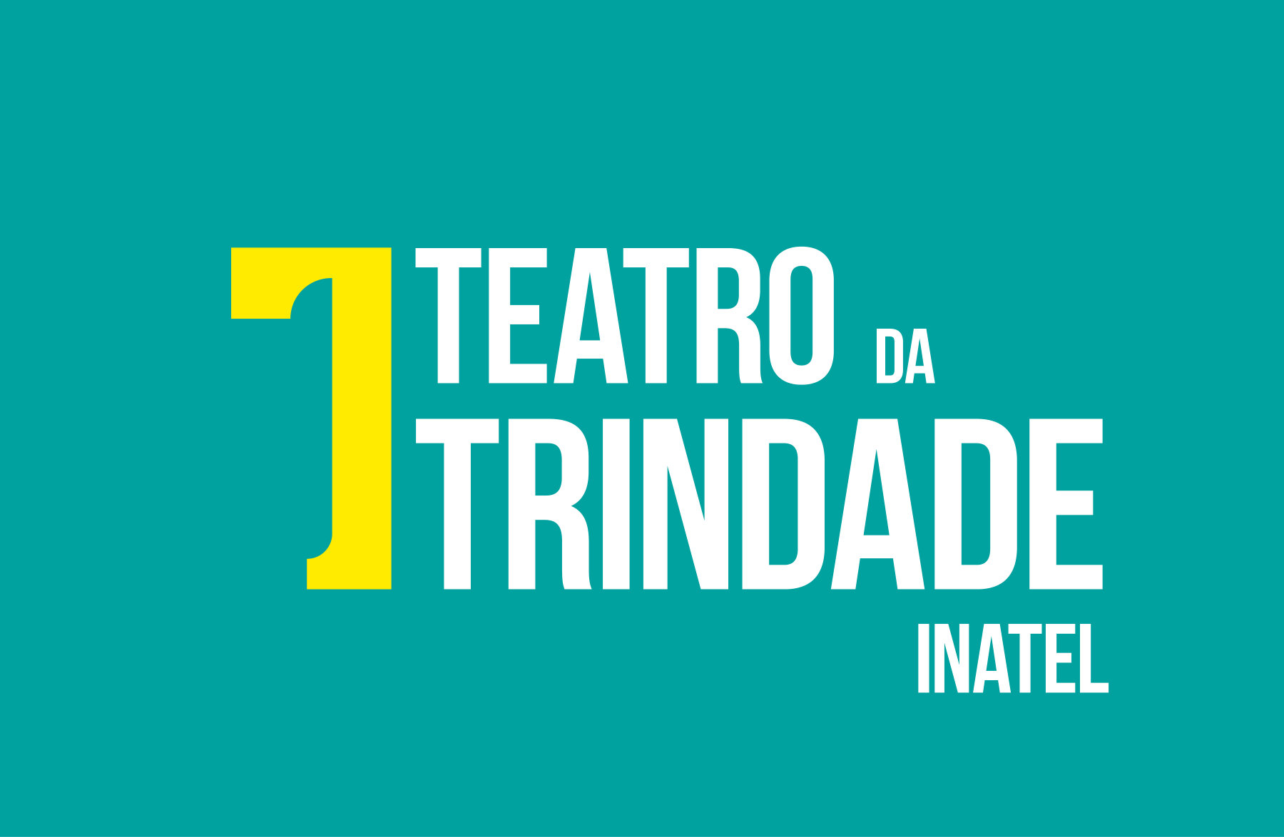 Identidade visual do Teatro da Trindade sobre fundo turquesa, com símbolo amarelo.
