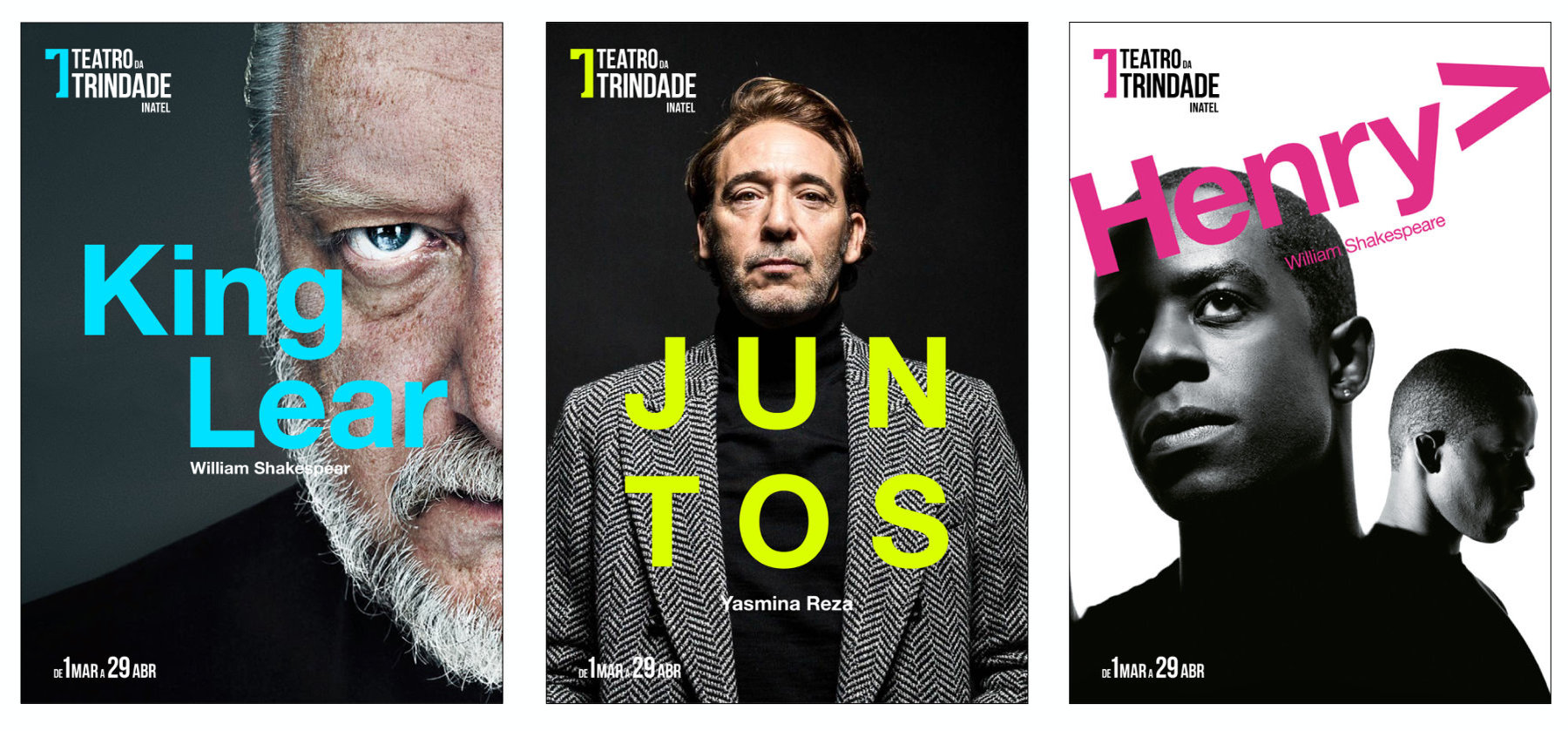 Três aplicações da identidade do Teatro da Trindade em cartazes: King Lear, Juntos e Henry.